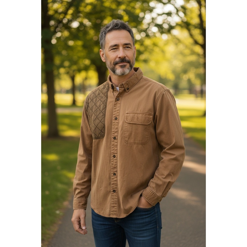 Mens Tan Long Sleeve  Shirt Quilted Shoulder Patch Outdoor Casual Size L